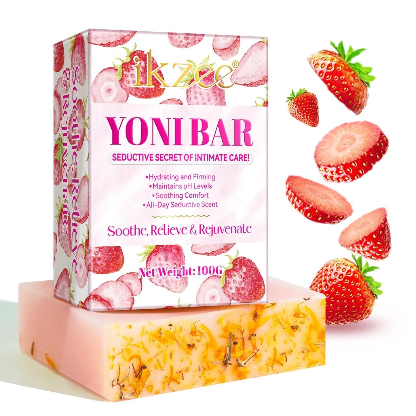 IK ZEE Yoni Bar 2 Pack - Strawberry Juice Scented Feminine Wash Soap for Women - PH Balanced & Organic - Handcrafted with Rose Essence & Coconut Oil - 100g Each - Soothe Relieve Rejuvenate