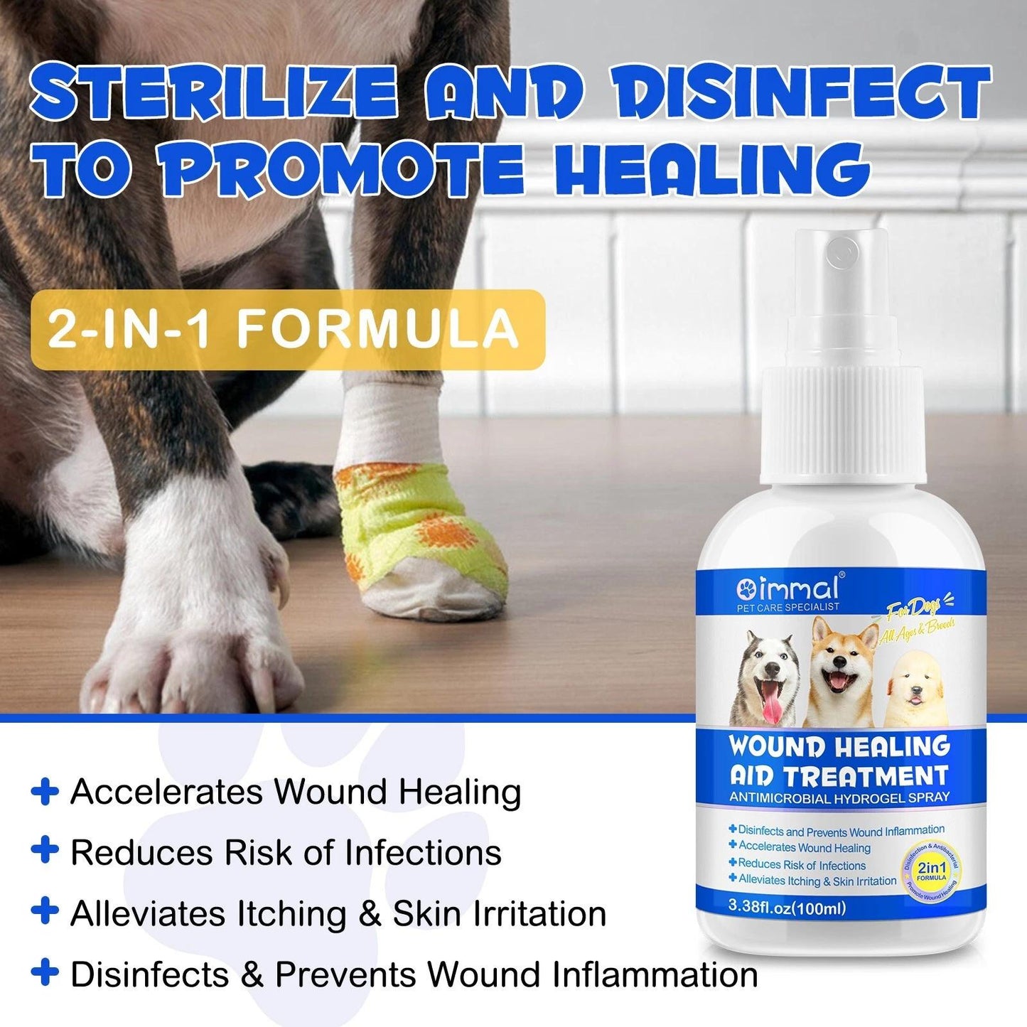 Immal Dog Wound Care Hydrogel Spray - Healing Aid & Wound Protectant - Antimicrobial Formula - 3.38 fl oz (100 ml)