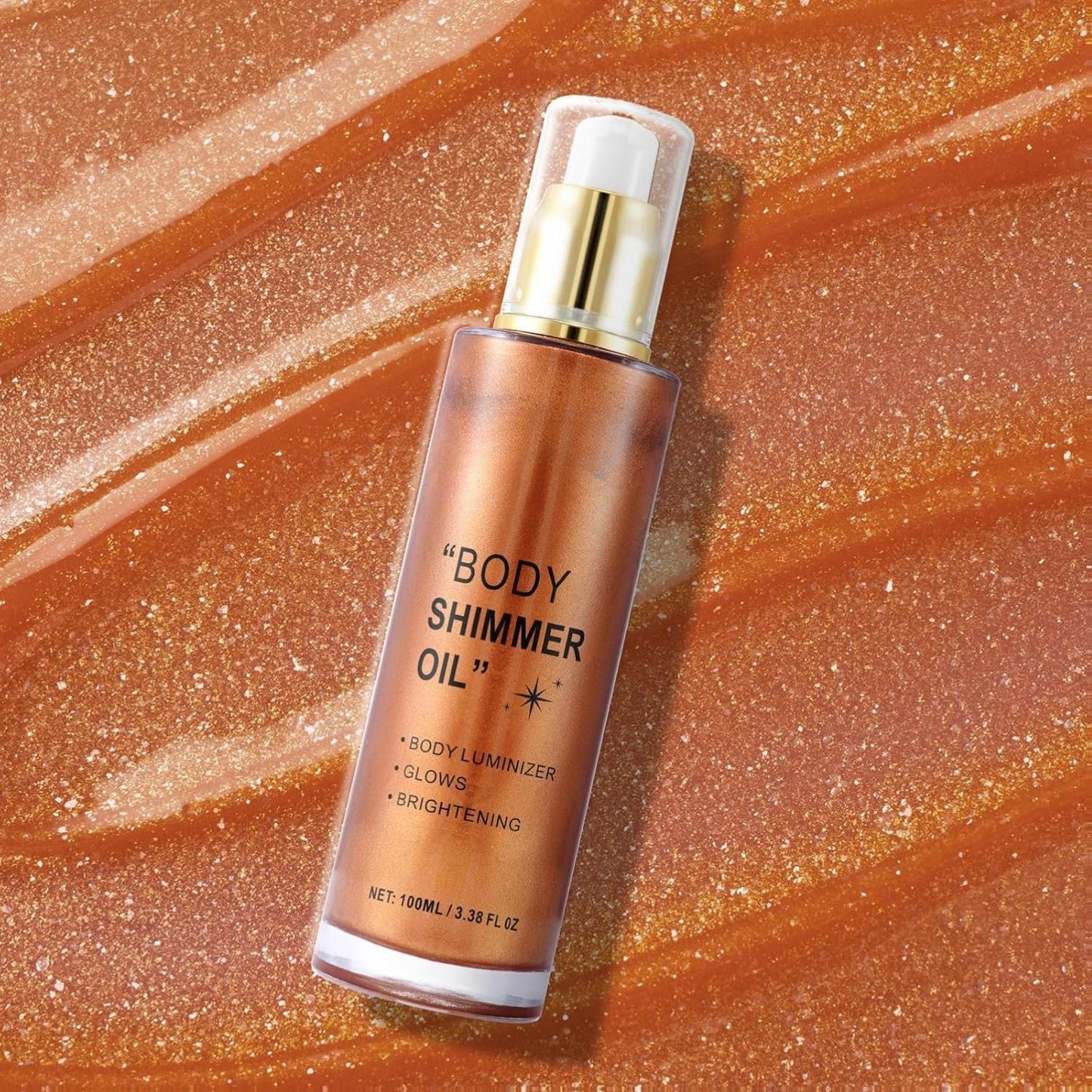 Body Shimmer Oil,Shimmering Body Oil,Bronze Face Brighten Glow Pearl Highlighter Illuminator Body Makeup Shine Glitter,Summer Body Glitter Moisturizing Glow Body Luminizer(3.4 Fl Oz)