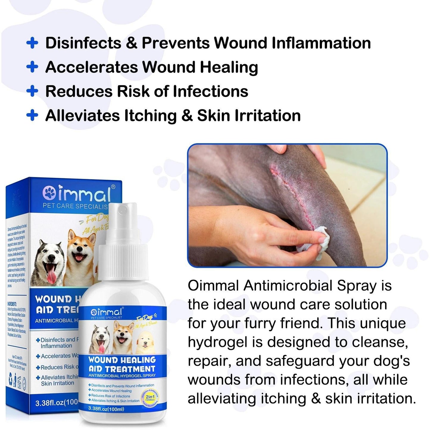 Immal Dog Wound Care Hydrogel Spray - Healing Aid & Wound Protectant - Antimicrobial Formula - 3.38 fl oz (100 ml)
