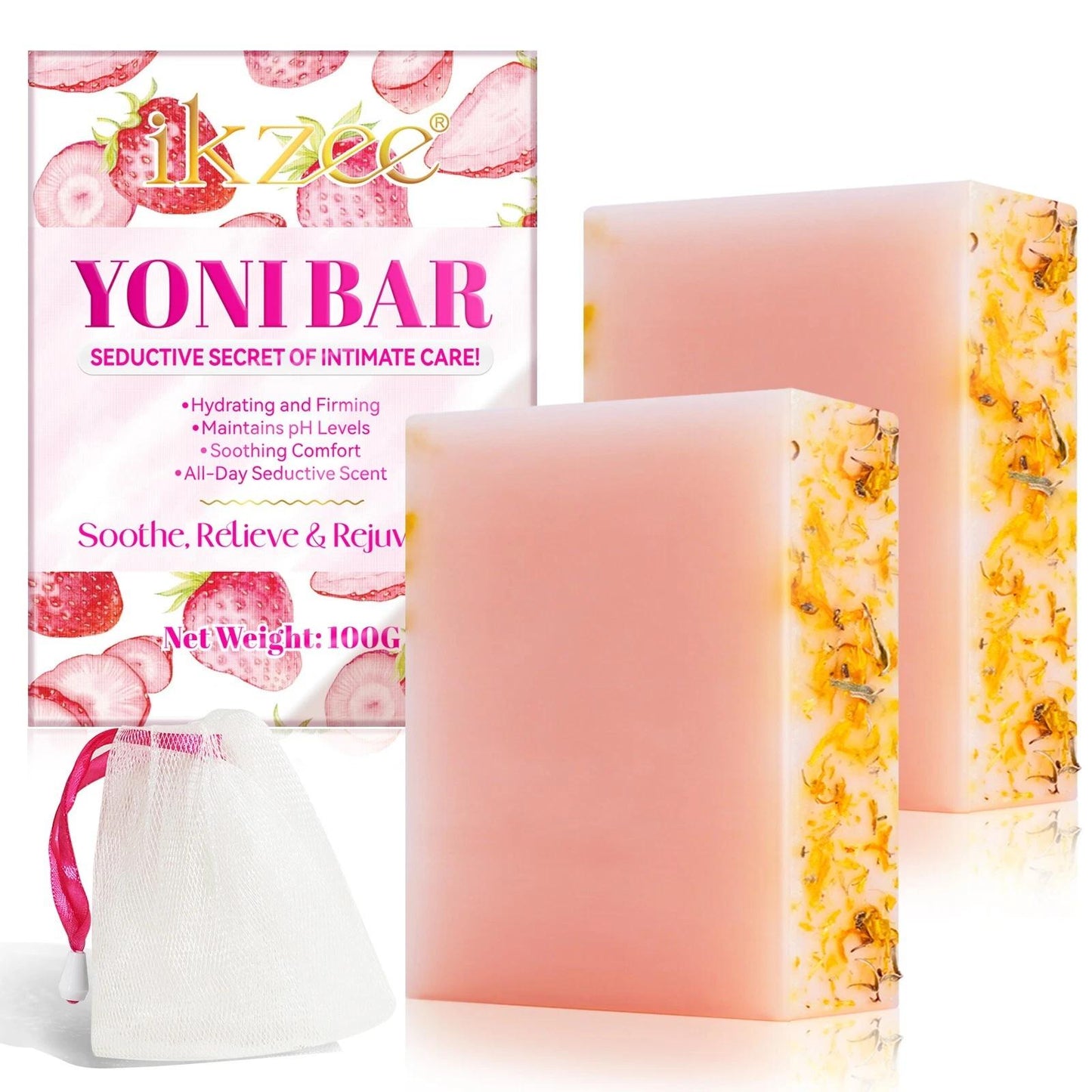 IK ZEE Yoni Bar 2 Pack - Strawberry Juice Scented Feminine Wash Soap for Women - PH Balanced & Organic - Handcrafted with Rose Essence & Coconut Oil - 100g Each - Soothe Relieve Rejuvenate