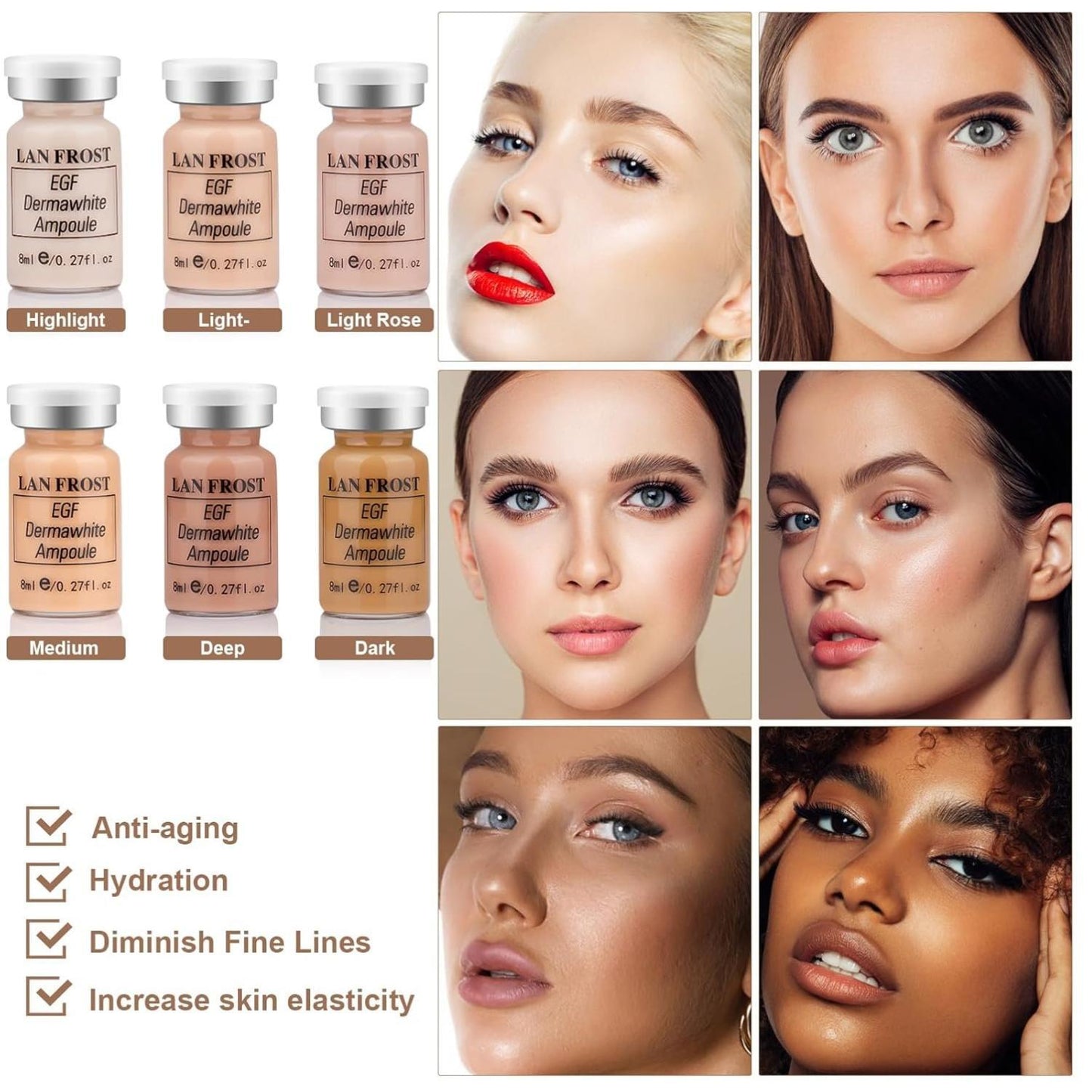 Facial Glow Serum Starter Kit Hyaluronic Acid Essence Foundation Skin Care Kit 0.27oz 6 Vials Combined With Niacinamide and Peptides To Brighten Skin Tone Anti-Aging Foundation 6-Color Multicolor Gift Set - Hydrate