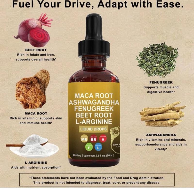 Organic Maca Root Liquid Drops with Ashwagandha, Fenugreek, Beet Root and L-Arginine Liquid Multivitamin for Women and Men - Adapto Drive Supplement Dietary