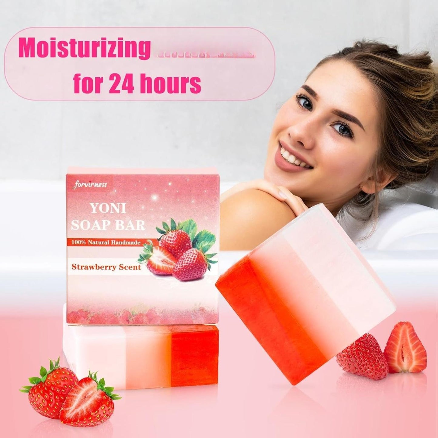 IK ZEE Yoni Bar 2 Pack - Strawberry Juice Scented Feminine Wash Soap for Women - PH Balanced & Organic - Handcrafted with Rose Essence & Coconut Oil - 100g Each - Soothe Relieve Rejuvenate