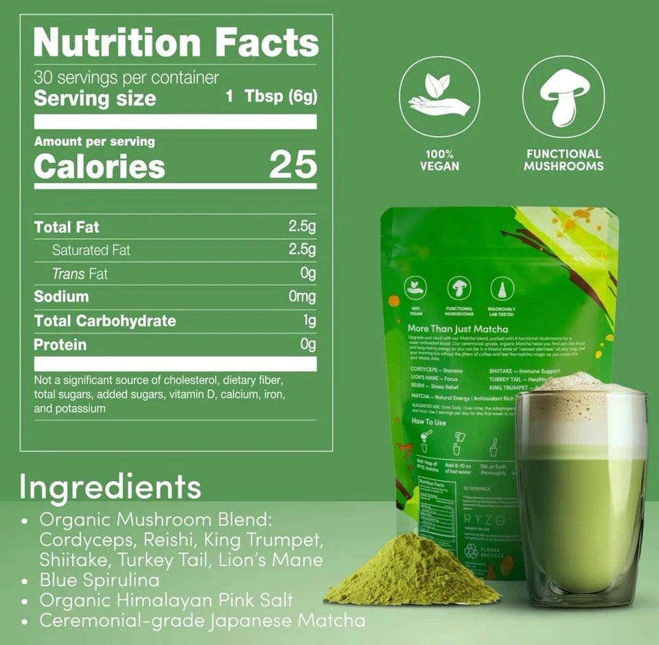 Organic Mushroom Matcha For Focus, Energy, Immunity 30 Servings, Vegan Adaptogen