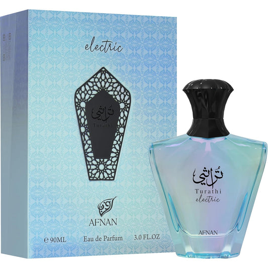 Afnan Turathi Electric Eau de Parfum Spray 90ml - Unisex Summer Fragrance with Bergamot Grapefruit Pear Apple Cedarwood & Vanilla - Radiant Long Lasting Scent for Day & Night - Fresh Fruity Smooth Signature Perfume