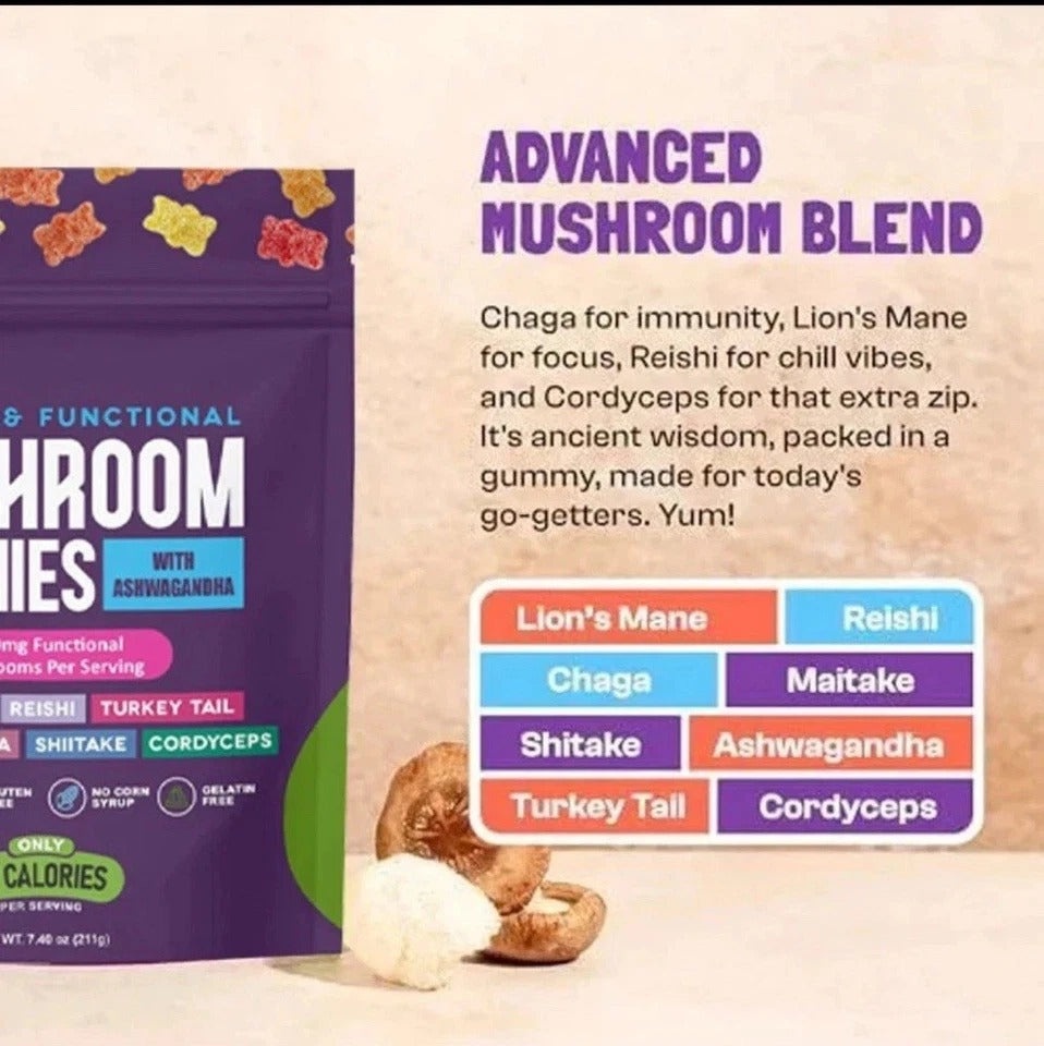 Mushroom Gummies w/ Ashwagandha 2500mg - Vegan, Gluten-Free, 80 Ct