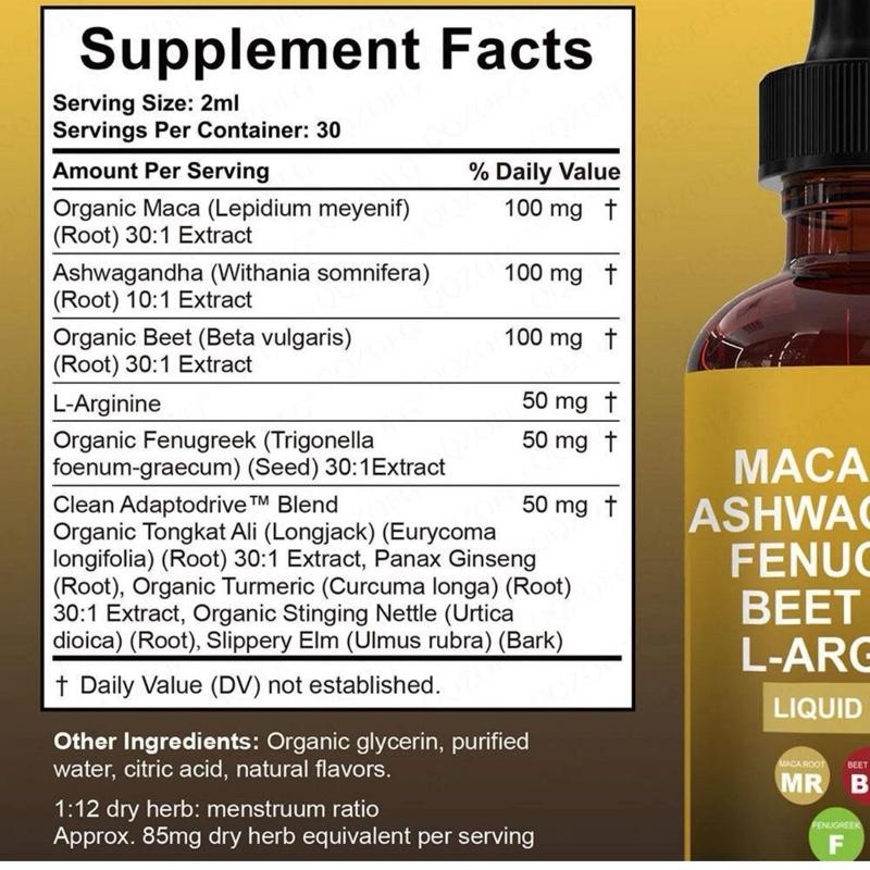 Organic Maca Root Liquid Drops with Ashwagandha, Fenugreek, Beet Root and L-Arginine Liquid Multivitamin for Women and Men - Adapto Drive Supplement Dietary