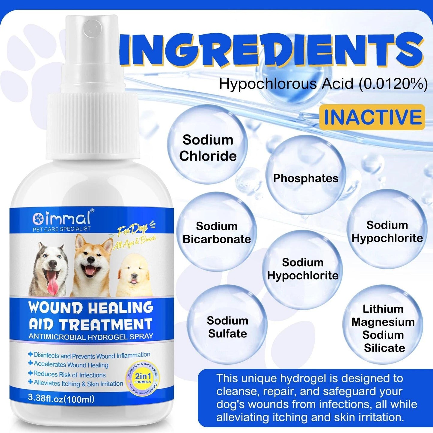 Immal Dog Wound Care Hydrogel Spray - Healing Aid & Wound Protectant - Antimicrobial Formula - 3.38 fl oz (100 ml)