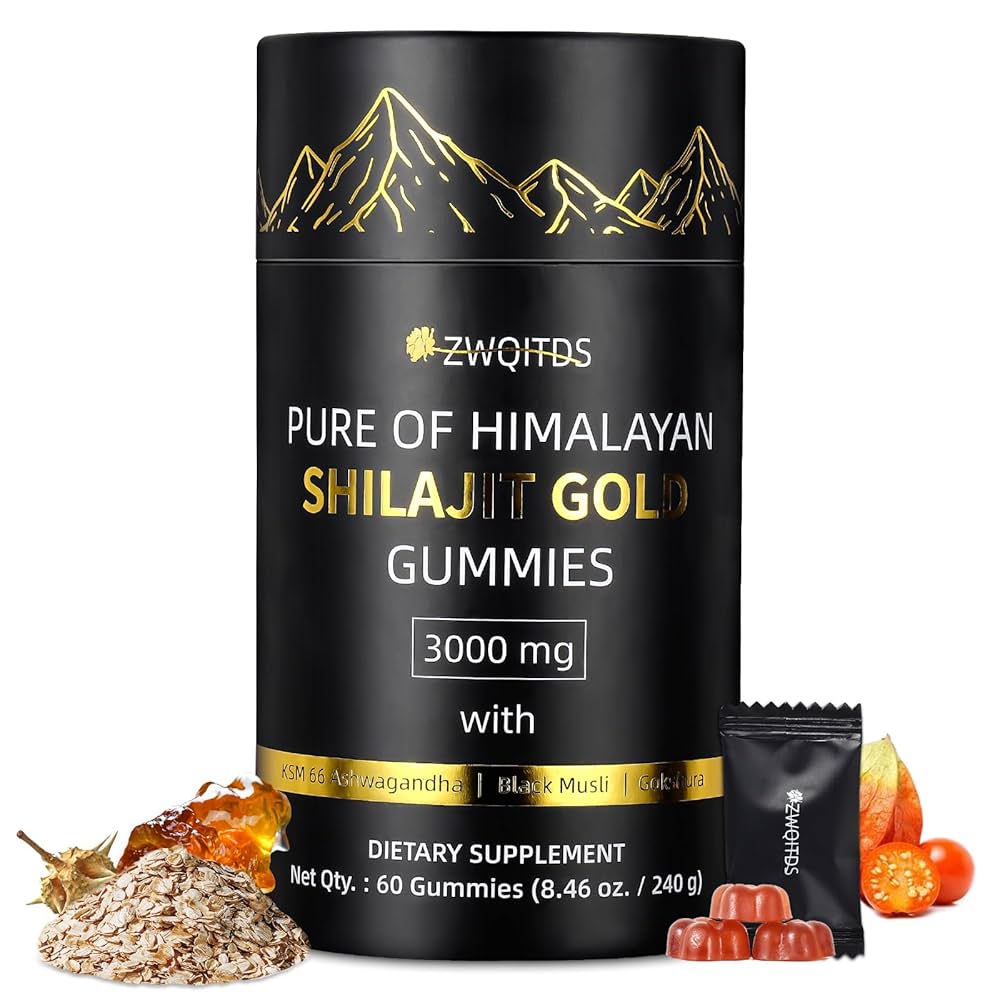 Pure Himalayan Shilajit Gummies Gold I No Added Sugar I Fulvic Acid for Men, Women I non-GMO I 100% Natural & Organic I 60 Gummy I Pouch