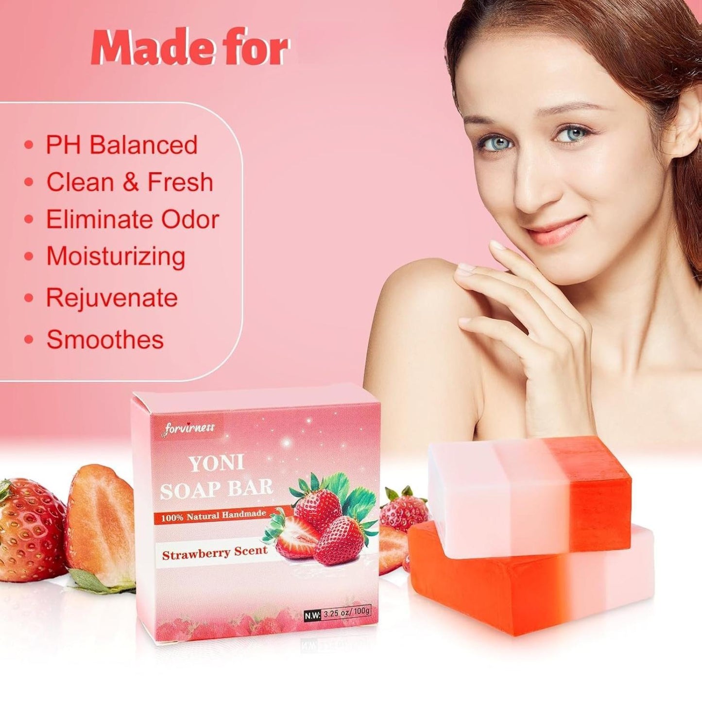 IK ZEE Yoni Bar 2 Pack - Strawberry Juice Scented Feminine Wash Soap for Women - PH Balanced & Organic - Handcrafted with Rose Essence & Coconut Oil - 100g Each - Soothe Relieve Rejuvenate