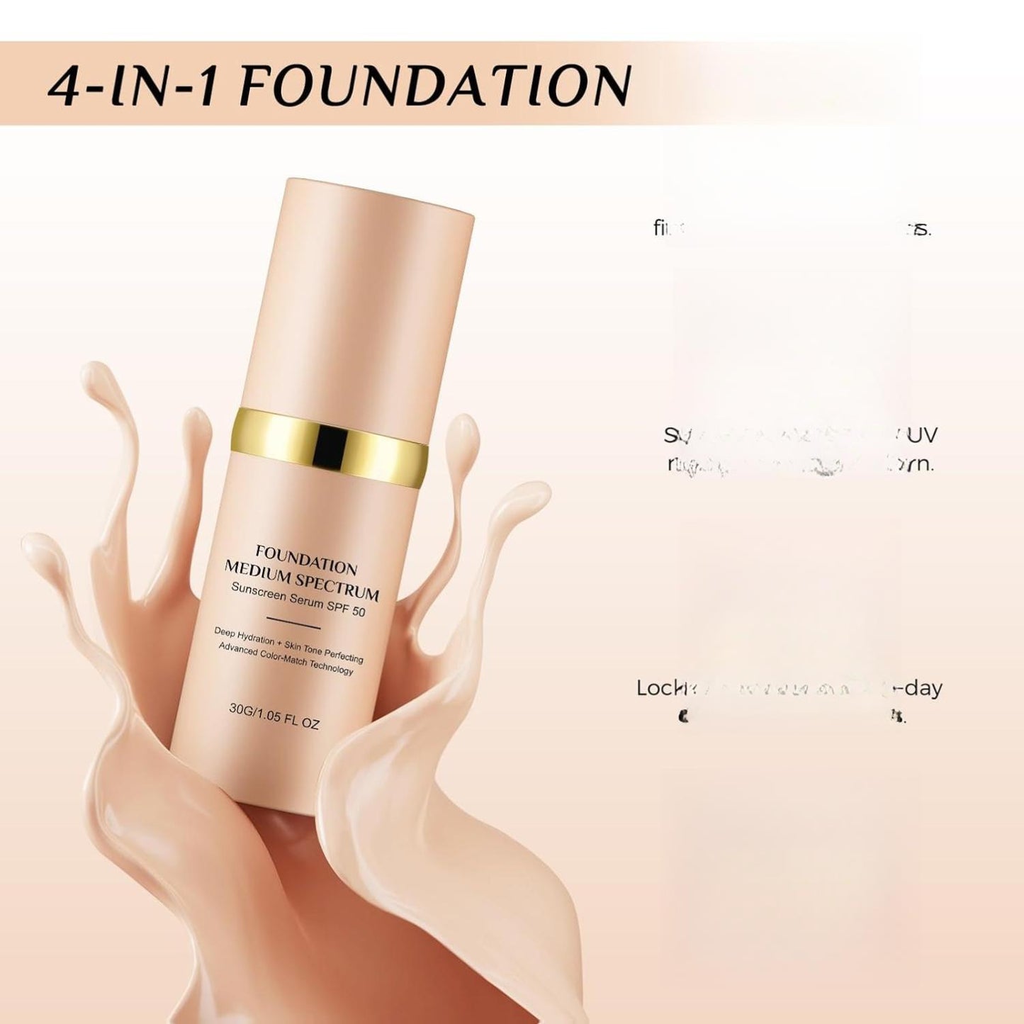 Mooservis Color Changing Foundation 4 in 1 Medium Spectrum Flawless Makeup Full Coverage Warm Skin SPF50+ Waterproof Hydrating Liquid for Hides Wrinkles and Lines 30g