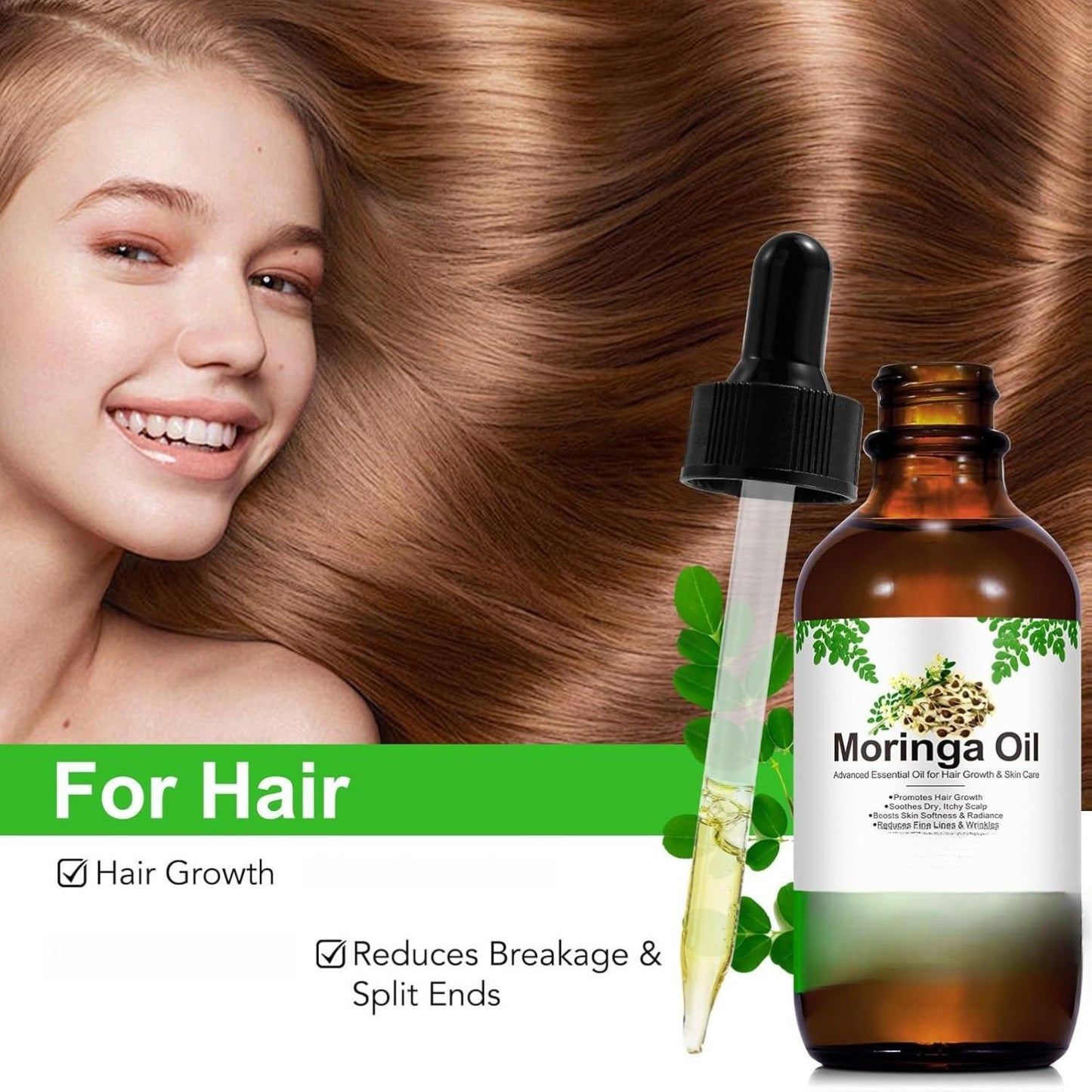 Moringa Oil for Hair 2.02 fl.oz 100% Natural Premium Organic Cold-Pressed Glass Bottle Moringa Seed Oil for Face Hair & Body Care Anti-Aging Nourish Hair Scalp & Body Massage 60ml