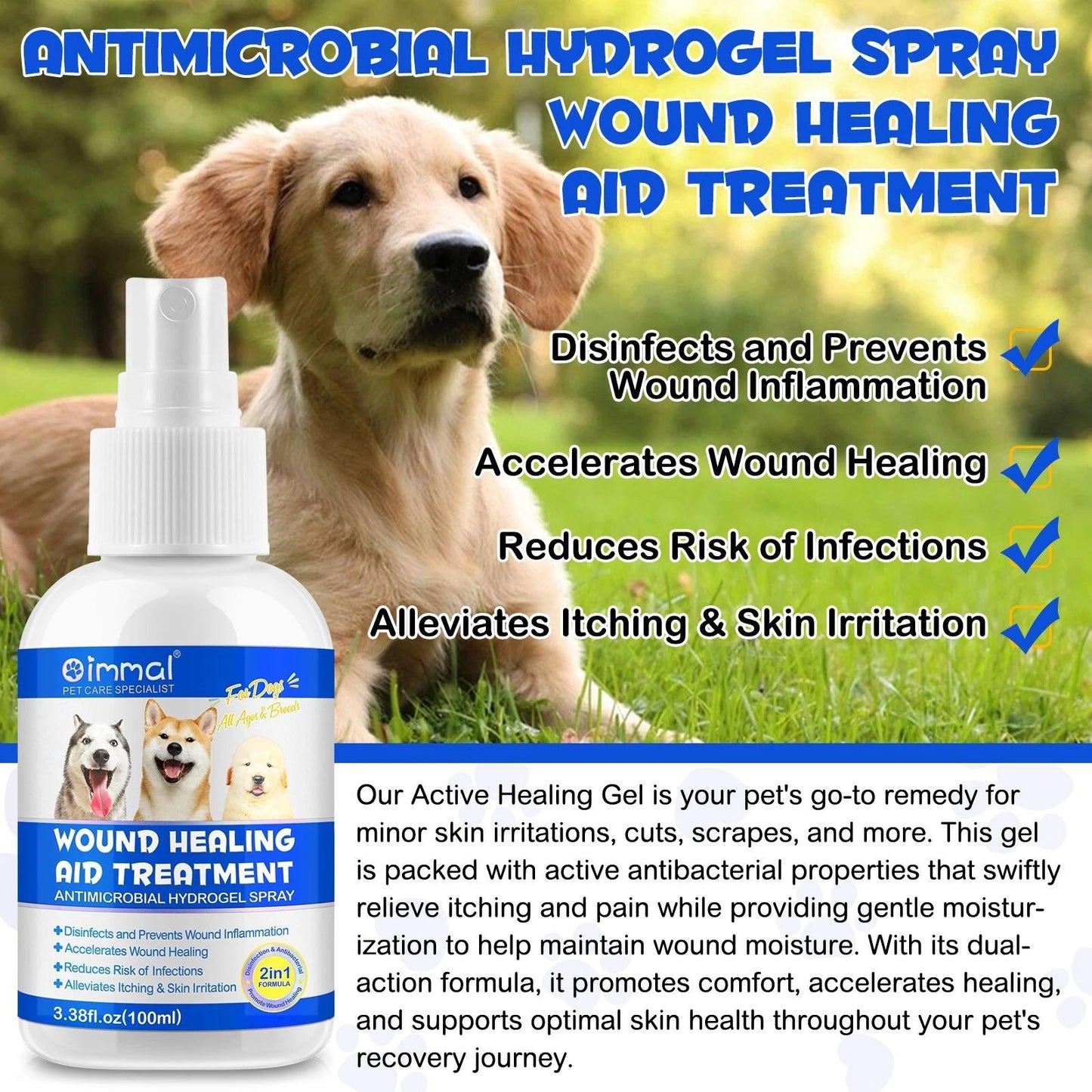 Immal Dog Wound Care Hydrogel Spray - Healing Aid & Wound Protectant - Antimicrobial Formula - 3.38 fl oz (100 ml)