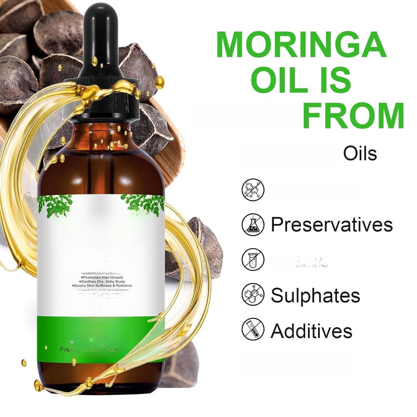 Moringa Oil for Hair 2.02 fl.oz 100% Natural Premium Organic Cold-Pressed Glass Bottle Moringa Seed Oil for Face Hair & Body Care Anti-Aging Nourish Hair Scalp & Body Massage 60ml