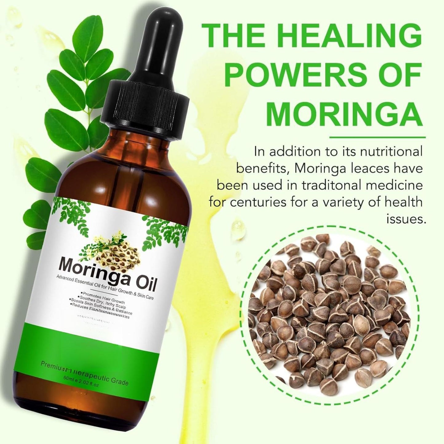 Moringa Oil for Hair 2.02 fl.oz 100% Natural Premium Organic Cold-Pressed Glass Bottle Moringa Seed Oil for Face Hair & Body Care Anti-Aging Nourish Hair Scalp & Body Massage 60ml