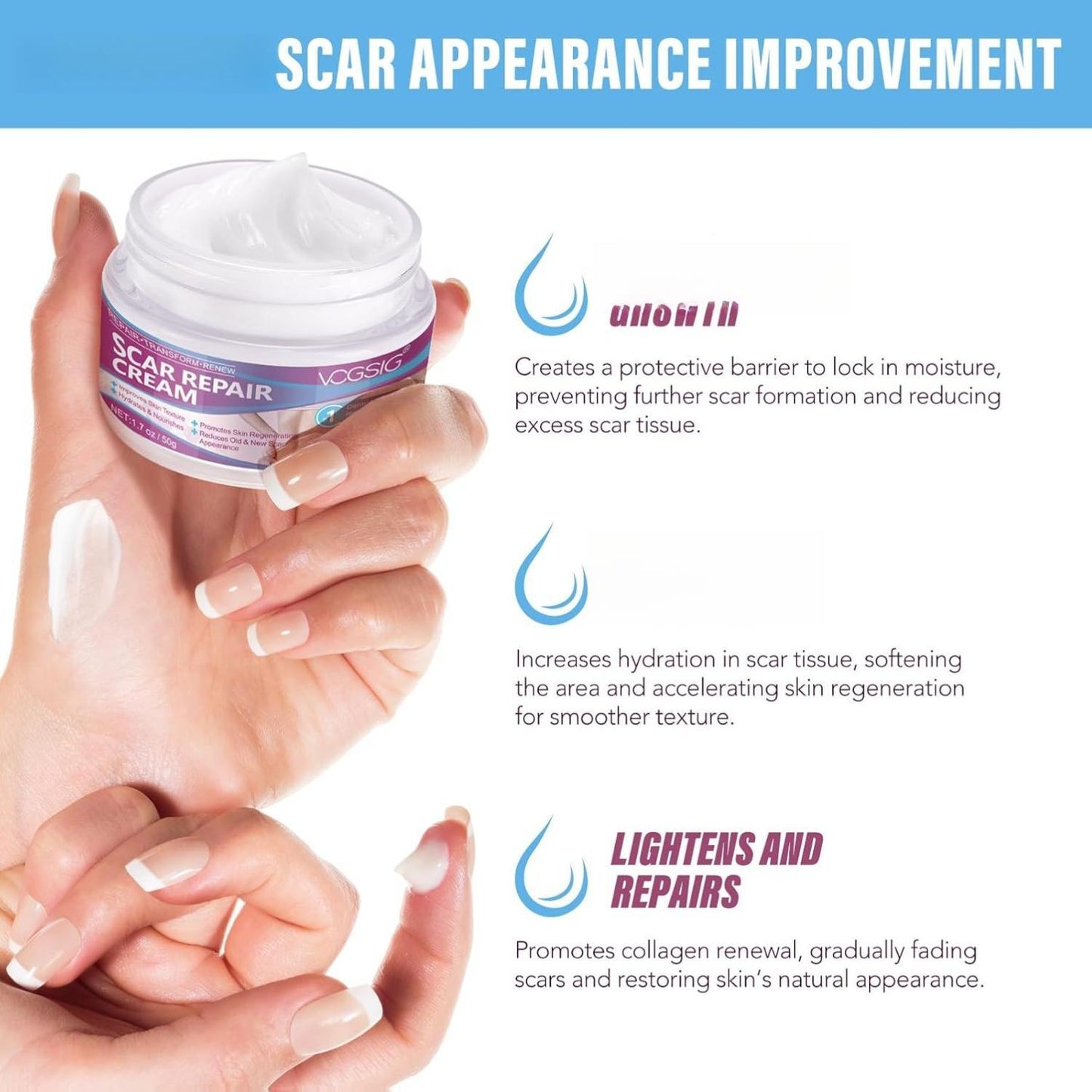 Scar Repair Cream - Rapid Repair of New & Old Scars, Burns - All-Natural Treatment with Vitamin E, Alanine, Collagen - 1.7 oz