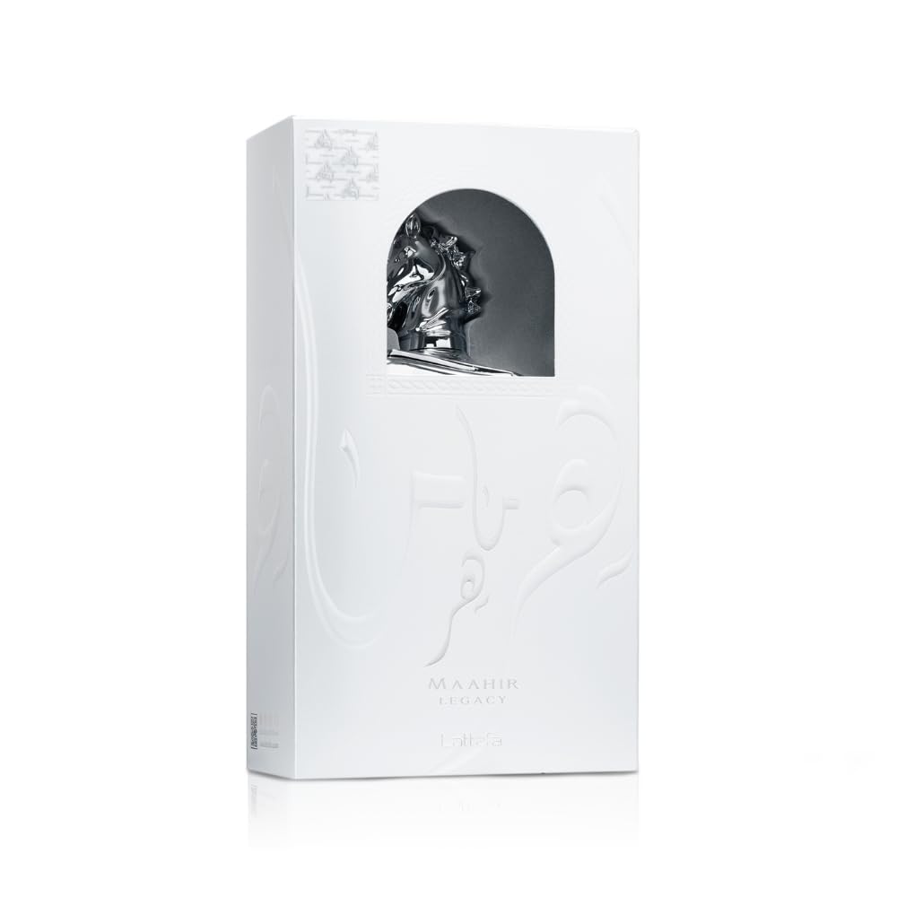 Eau de Parfum Spray 3.6oz Men's Long Lasting Amber Woody Scent with Saffron Jasmine Amberwood Ambergris Fir Resin & Cedar Bold Modern Fragrance Regular Edition Lattafa Maahir Legacy Power Prestige Timeless Masculinity