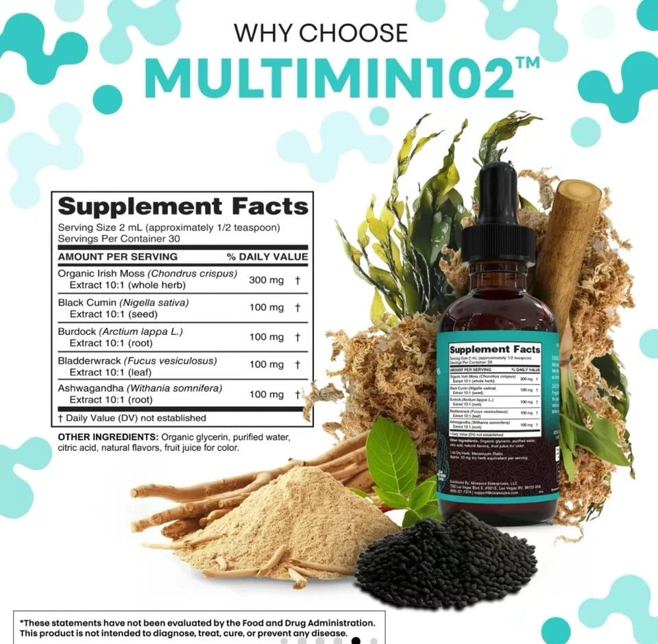 Sea Moss Liquid Drops Supplement with Black Seed Oil Ashwagandha Burdock Root &