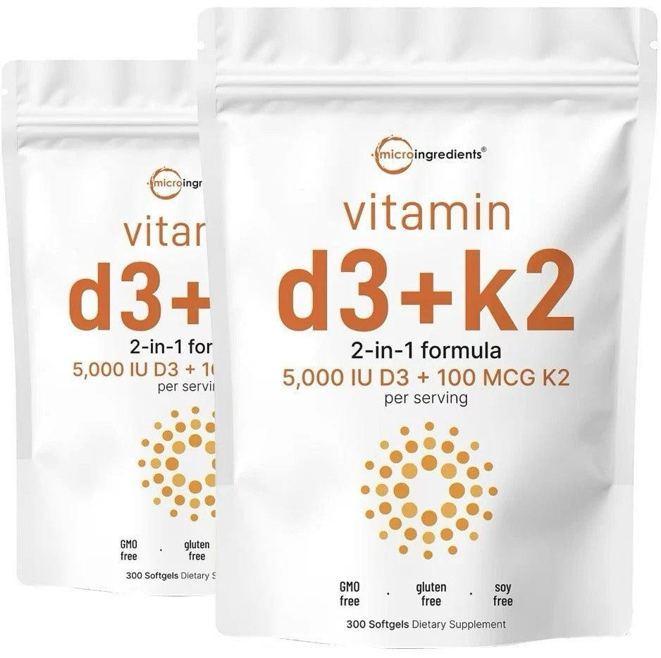 Vitamin D3 + K2 2-in-1 5000 IU D3 + 100mcg K2 300 Soft gels Bone/Immune Support