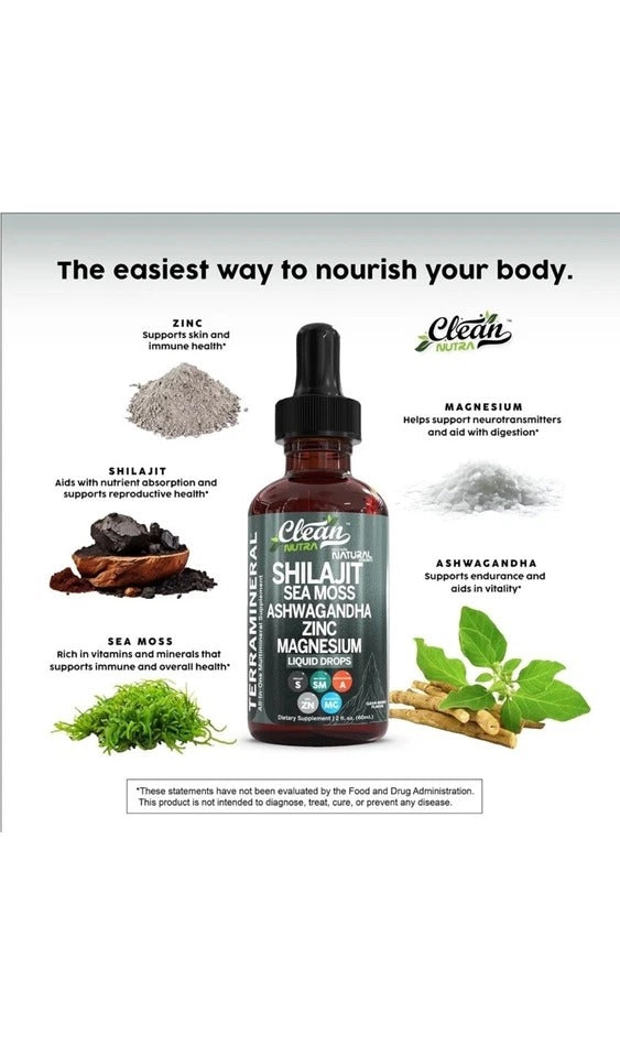 Organic SHILIJIT Supplement Liquid Drops with Sea Moss ETC Clean Nutra