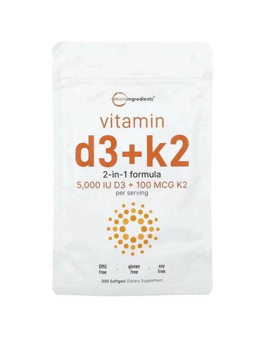 Vitamin D3 + K2 2-in-1 5000 IU D3 + 100mcg K2 300 Soft gels Bone/Immune Support