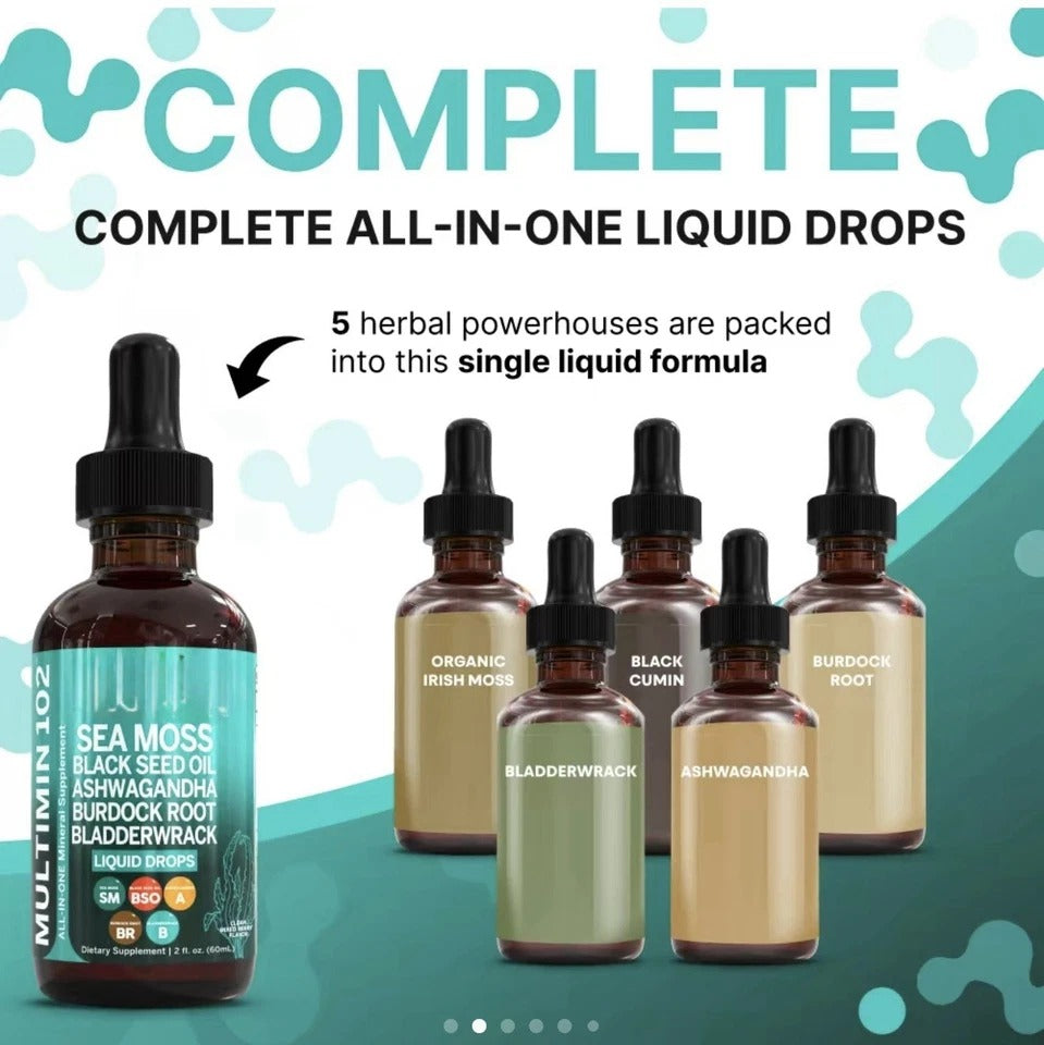 Sea Moss Liquid Drops Supplement with Black Seed Oil Ashwagandha Burdock Root &