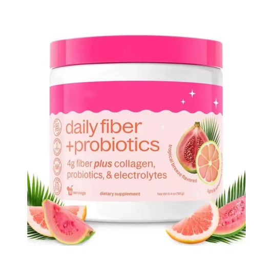 Daily Fiber & Probiotics Supplement with Collagen - Tropical Breeze Flavor | Boosts Gut Health, Hydration & Skin, Hair & Nails | Supports Digestive Wellness & Regularity | 1 Billion CFU Probiotics, 2g Collagen & 4g Fiber per Serving