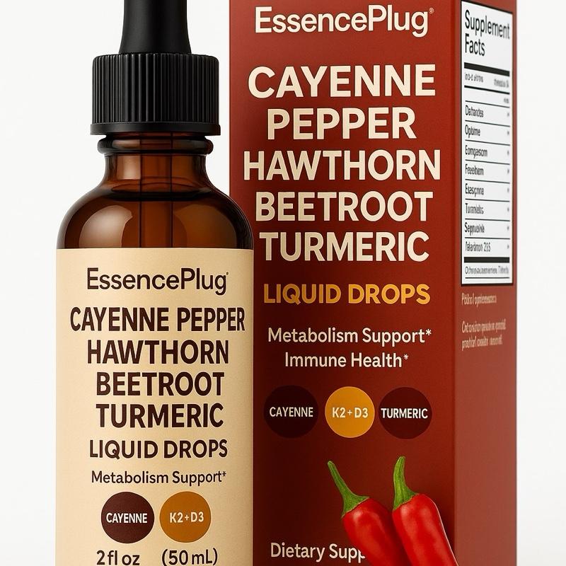EssencePlug Cayenne Pepper, Hawthorn Berry, Beet Root, Turmeric Liquid Drops - 60ml Organic Supplement for Metabolism & Immune Health Support