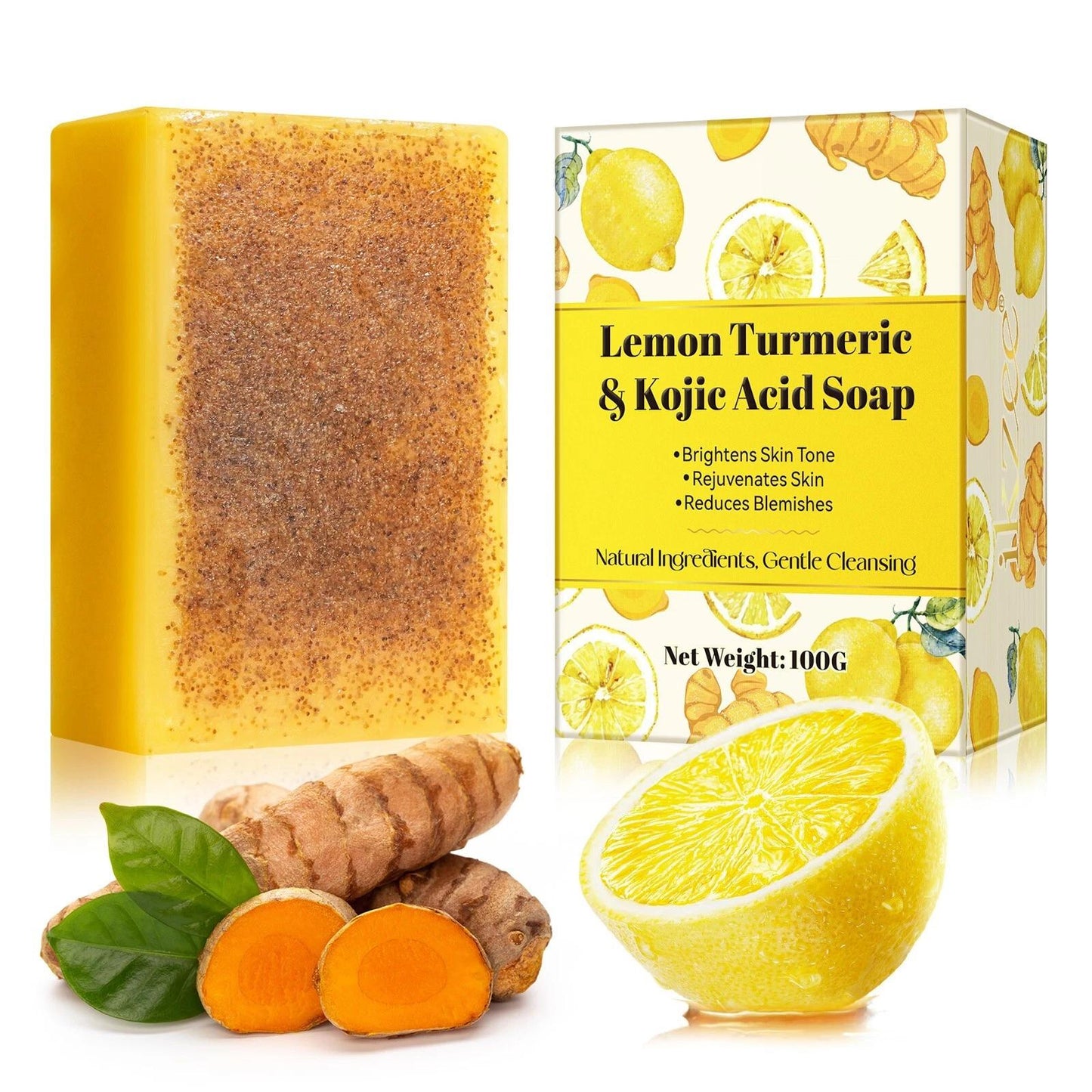 Lemon Turmeric & Kojic Acid Soap Bars 2 Pack 100G Each with Vitamin C Retinol & Collagen for Dark Spot Removal and Skin Brightening
