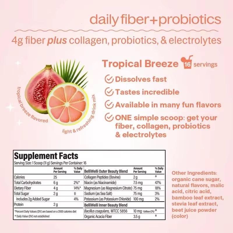 Daily Fiber & Probiotics Supplement with Collagen - Tropical Breeze Flavor | Boosts Gut Health, Hydration & Skin, Hair & Nails | Supports Digestive Wellness & Regularity | 1 Billion CFU Probiotics, 2g Collagen & 4g Fiber per Serving