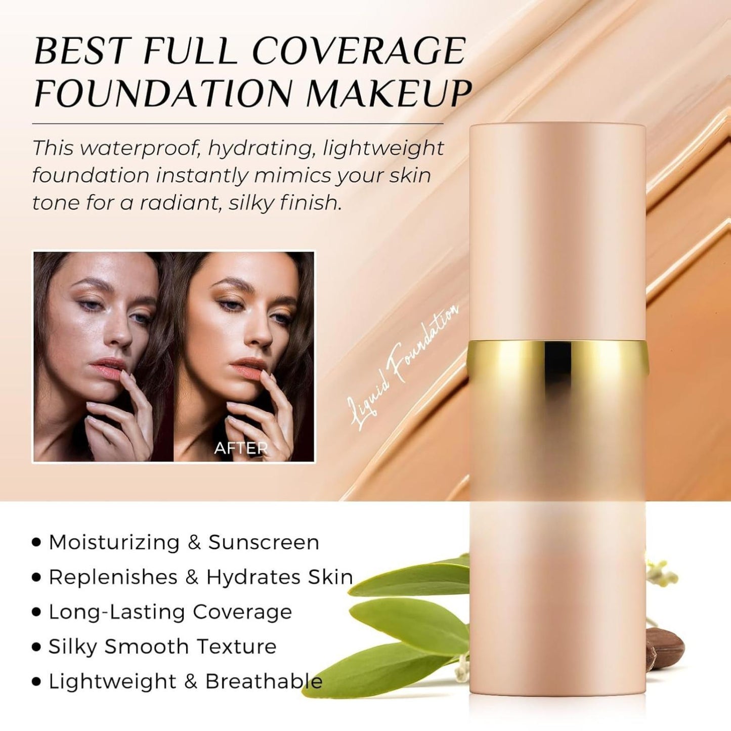 Mooservis Color Changing Foundation 4 in 1 Medium Spectrum Flawless Makeup Full Coverage Warm Skin SPF50+ Waterproof Hydrating Liquid for Hides Wrinkles and Lines 30g