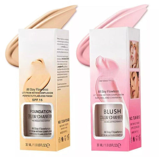 Color Changing Foundation Liquid Base & Blush Set BB Cream Makeup Base with SPF15 Concealer Cover Cream for All Skin Types 30ml Coverage Flawless Lightweight Cosmetic