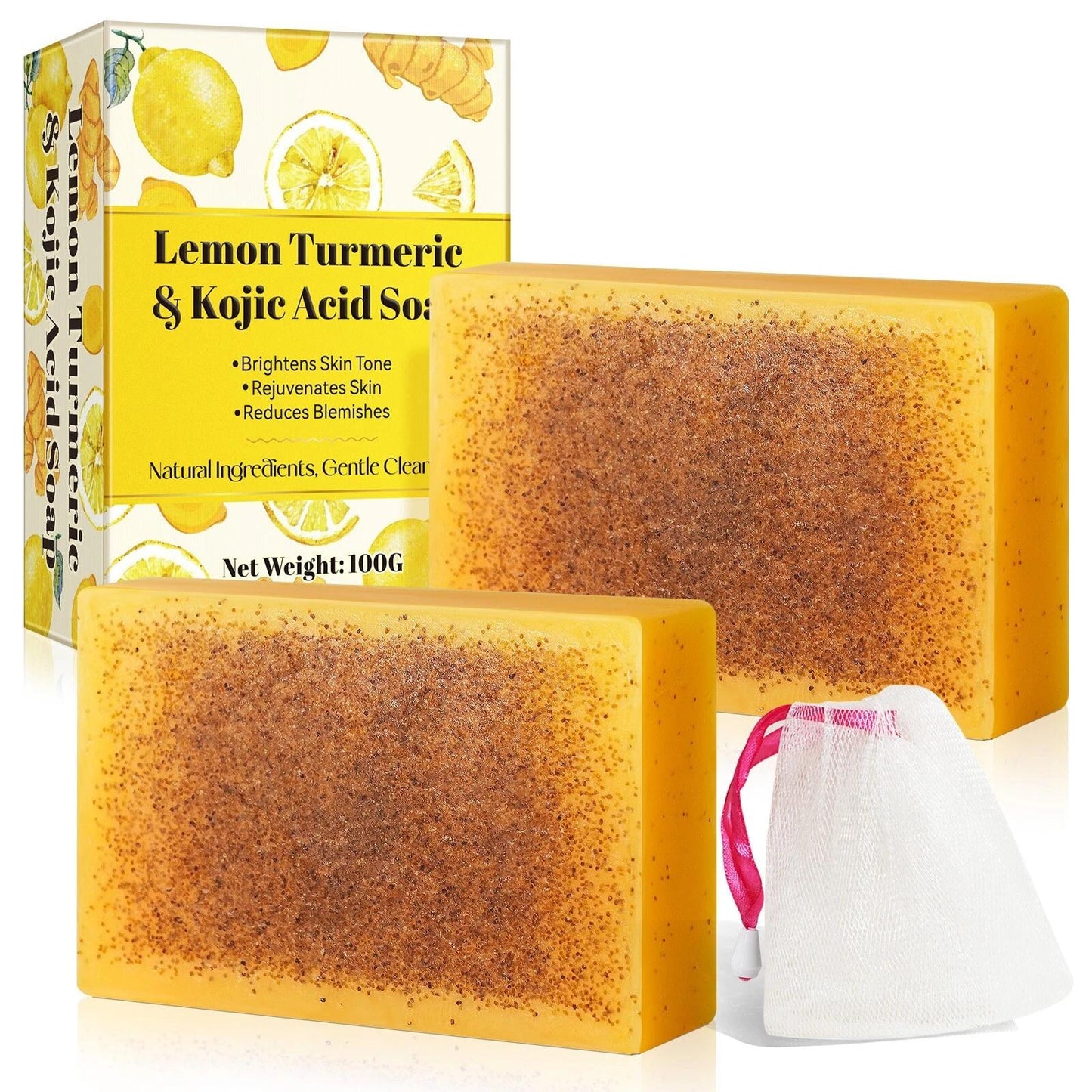 Lemon Turmeric & Kojic Acid Soap Bars 2 Pack 100G Each with Vitamin C Retinol & Collagen for Dark Spot Removal and Skin Brightening
