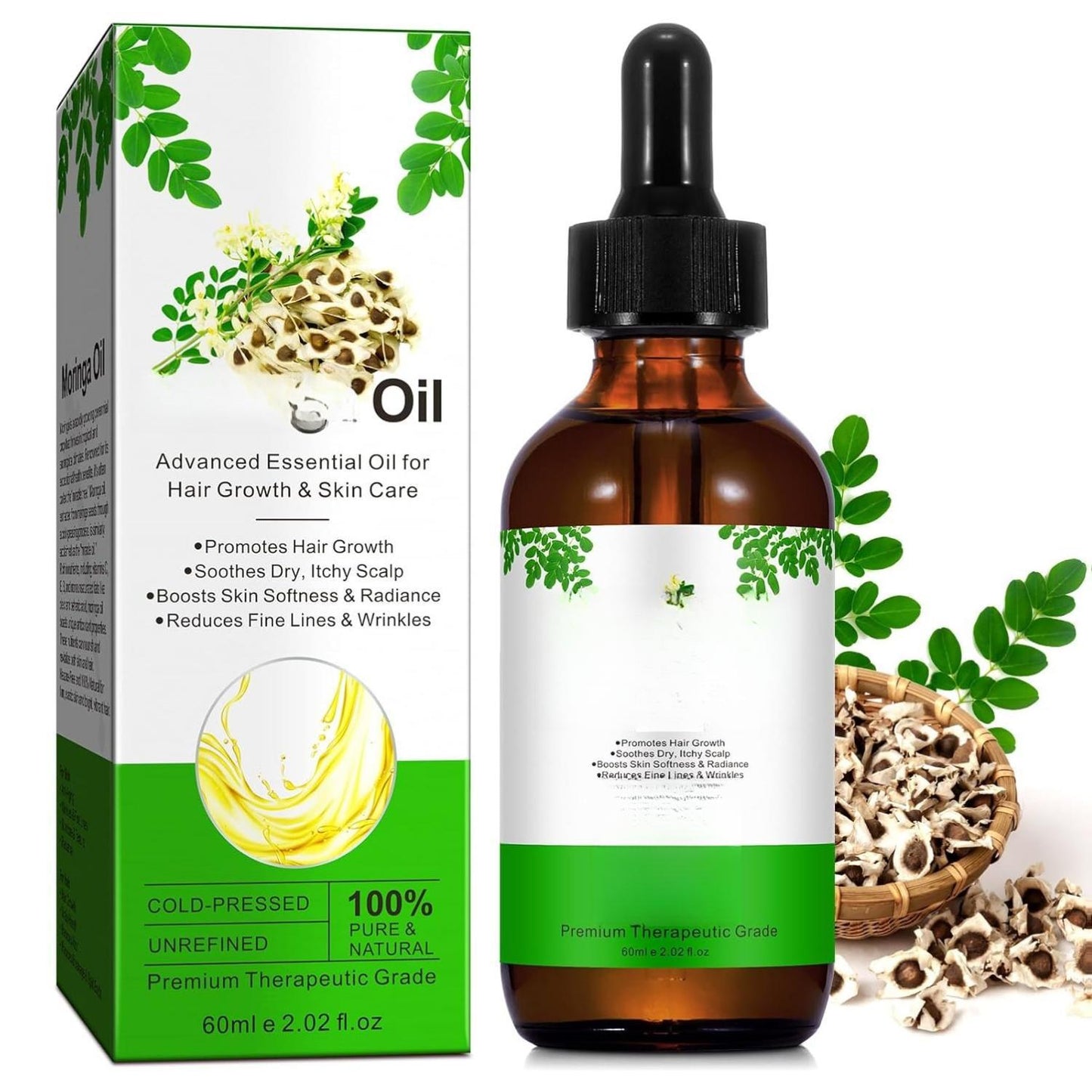 Moringa Oil for Hair 2.02 fl.oz 100% Natural Premium Organic Cold-Pressed Glass Bottle Moringa Seed Oil for Face Hair & Body Care Anti-Aging Nourish Hair Scalp & Body Massage 60ml