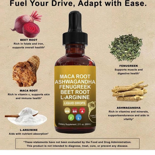 Organic Maca Root Liquid Drops with Ashwagandha, Fenugreek, Beet Root and L-Arginine Liquid Multivitamin for Women and Men - Adapto Drive Supplement Dietary