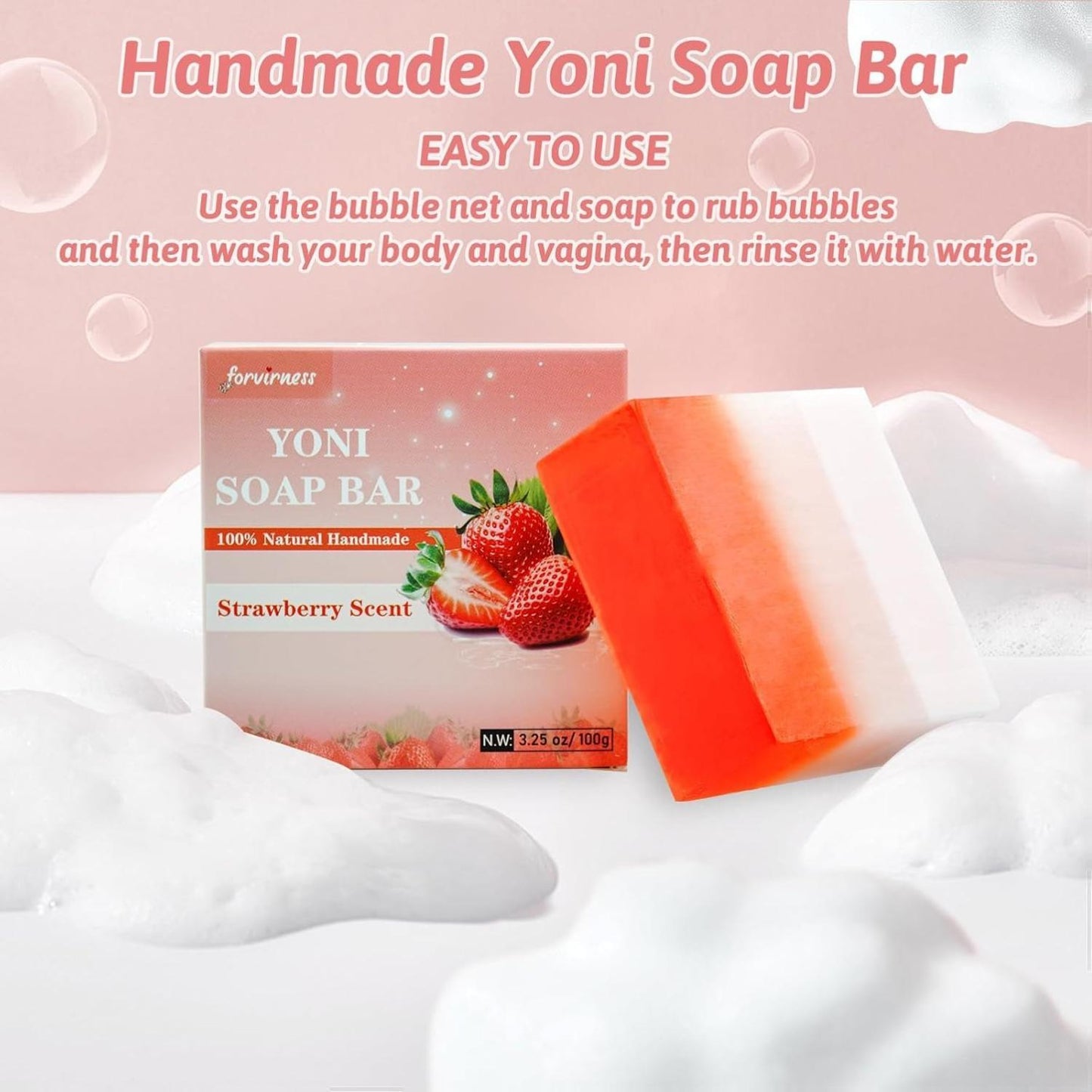 IK ZEE Yoni Bar 2 Pack - Strawberry Juice Scented Feminine Wash Soap for Women - PH Balanced & Organic - Handcrafted with Rose Essence & Coconut Oil - 100g Each - Soothe Relieve Rejuvenate