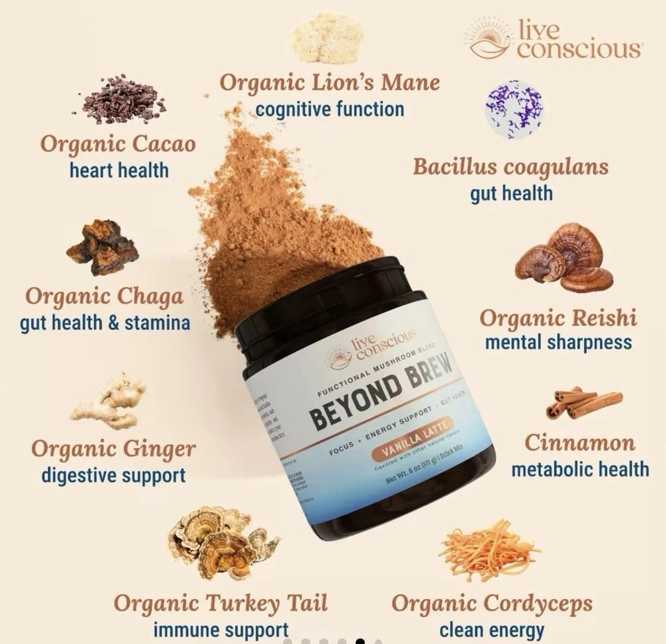 Live Conscious Beyond Brew Mushroom Coffee 7-in-1 Cacao Energy/focus/Gut/Mental!