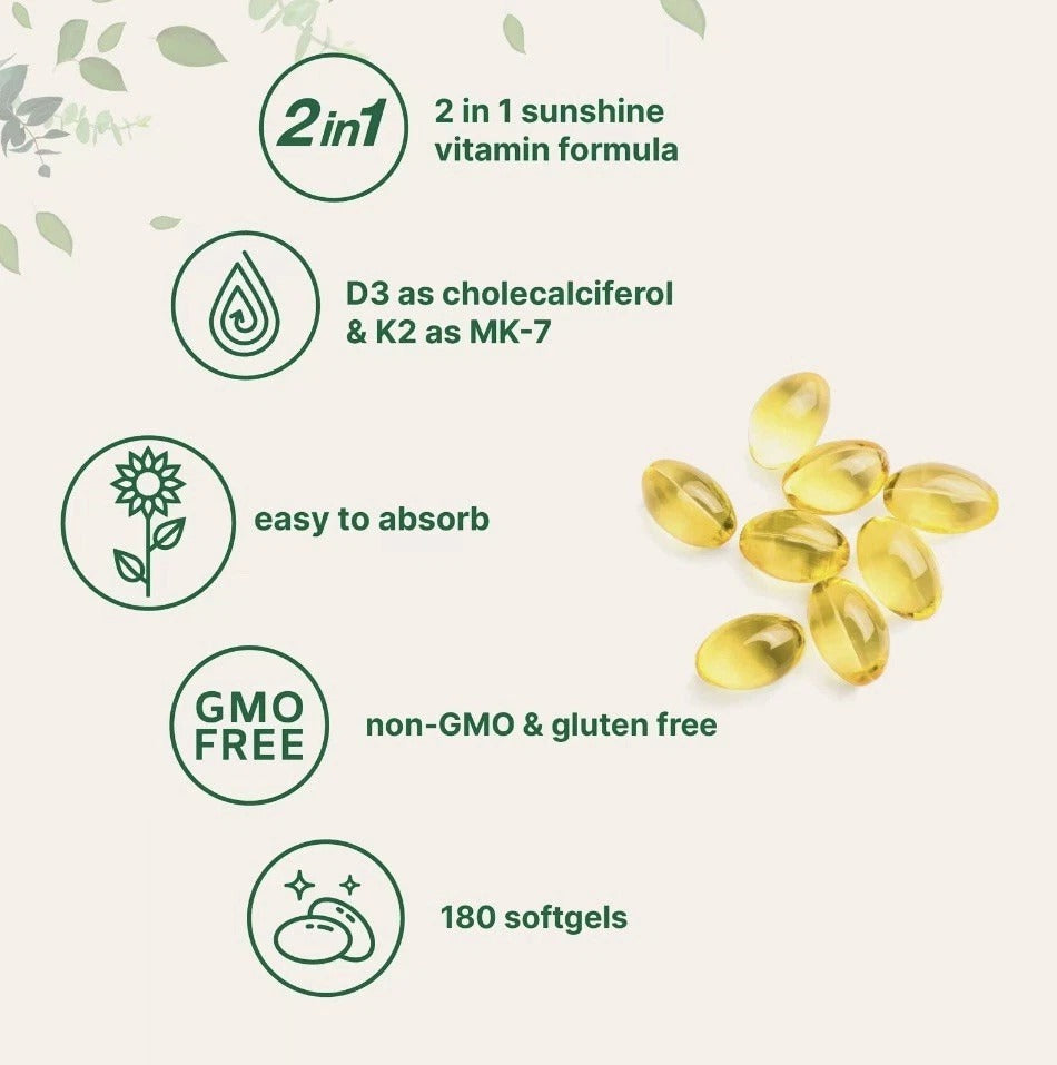 Vitamin D3 + K2 2-in-1 5000 IU D3 + 100mcg K2 300 Soft gels Bone/Immune Support
