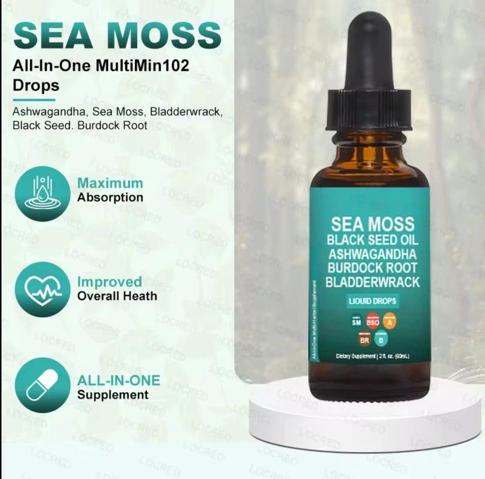 Sea Moss Liquid Drops Supplement with Black Seed Oil Ashwagandha Burdock Root &