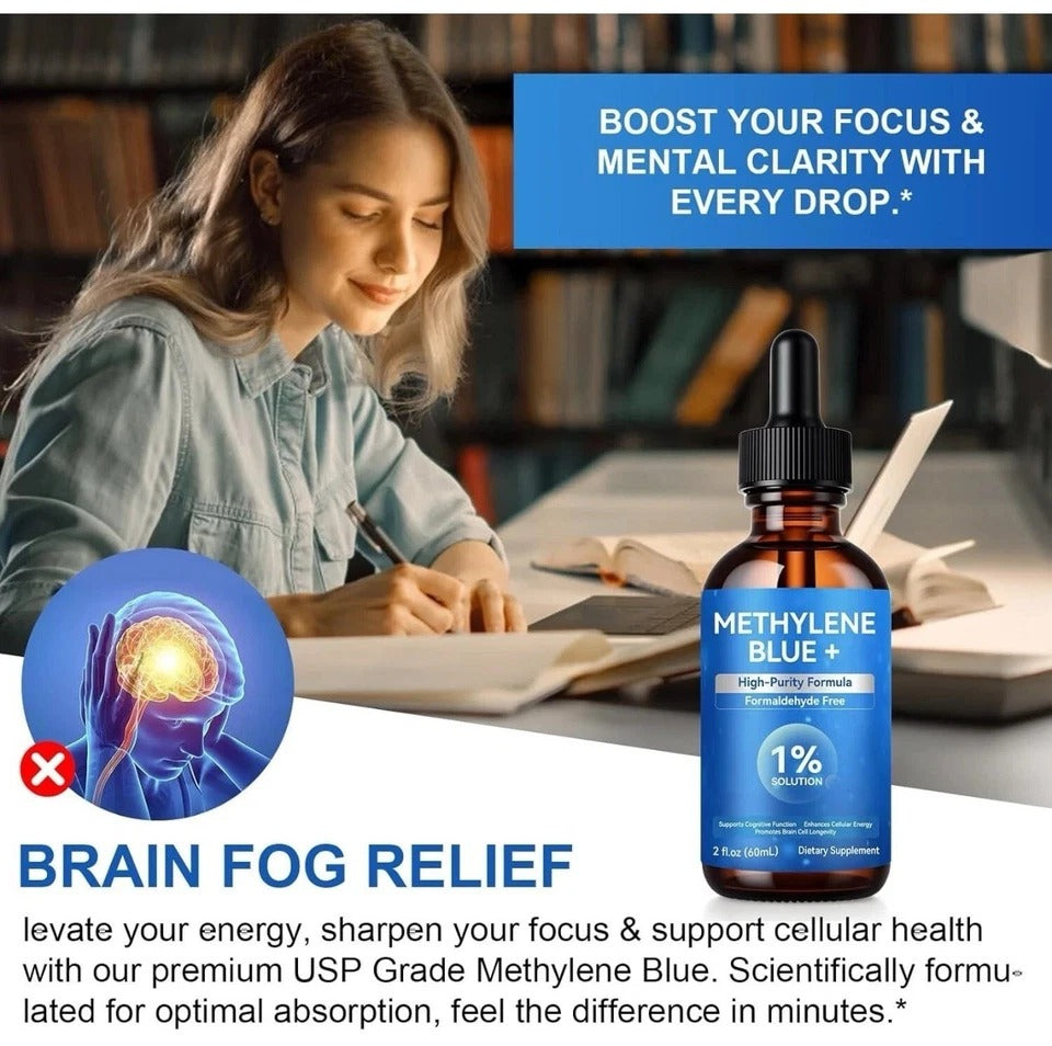 Methylene Blue Drops for Brain Health + Energy No Formaldehyde 2 fl oz EXP 01/28
