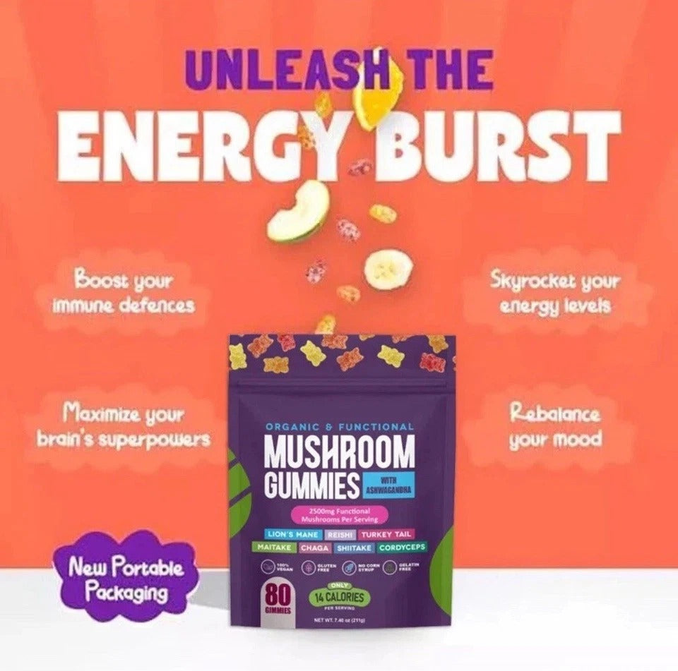 Mushroom Gummies w/ Ashwagandha 2500mg - Vegan, Gluten-Free, 80 Ct