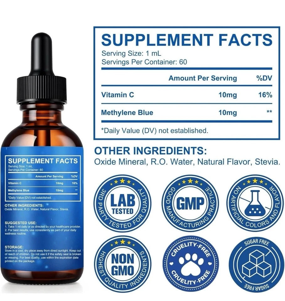 Methylene Blue Drops for Brain Health + Energy No Formaldehyde 2 fl oz EXP 01/28
