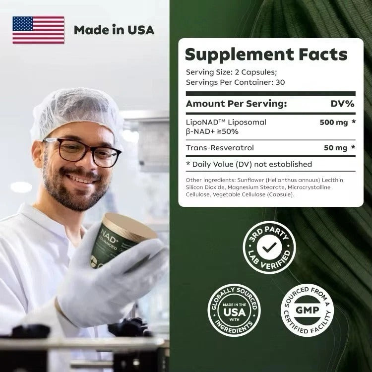 NAD+ ADVANCED 500mg Supplement for Anti-Aging, Energy, Focus / Nicotinamide 60Ct