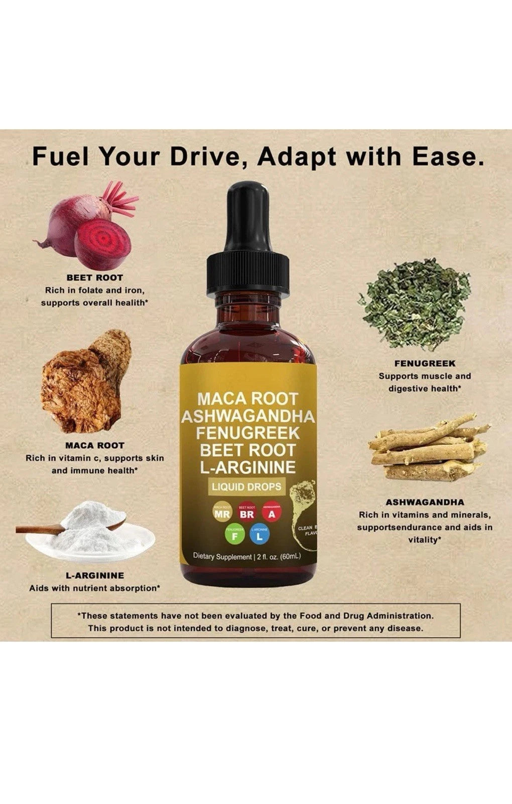 BUY 3 Get 1 FREE -Maca Root Drop Ashwagandha Fenugreek Beet Root L-Arginine 60ml