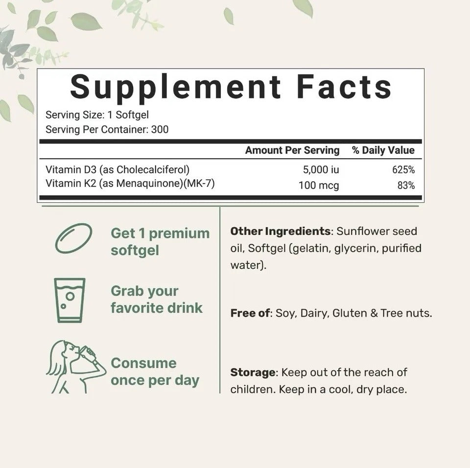 Vitamin D3 + K2 2-in-1 5000 IU D3 + 100mcg K2 300 Soft gels Bone/Immune Support