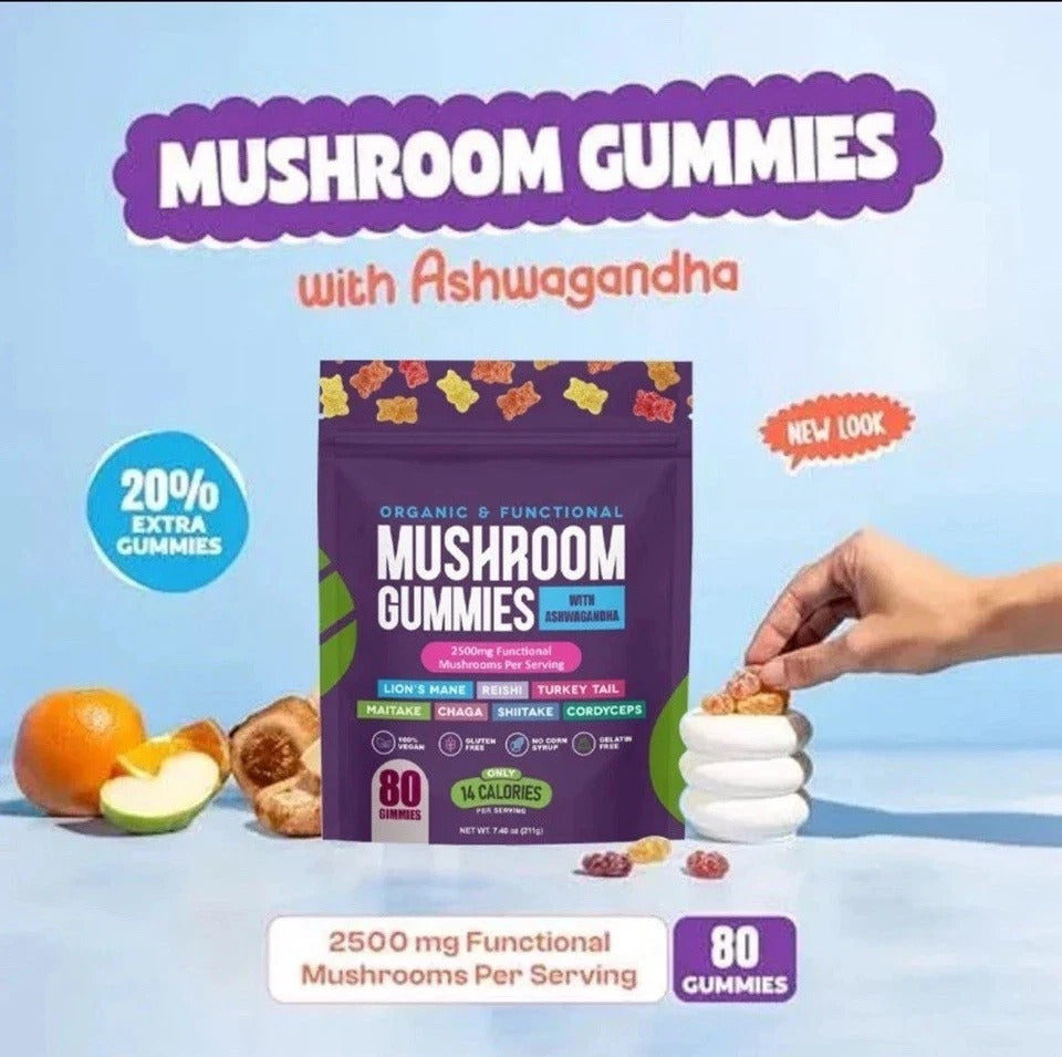Mushroom Gummies w/ Ashwagandha 2500mg - Vegan, Gluten-Free, 80 Ct