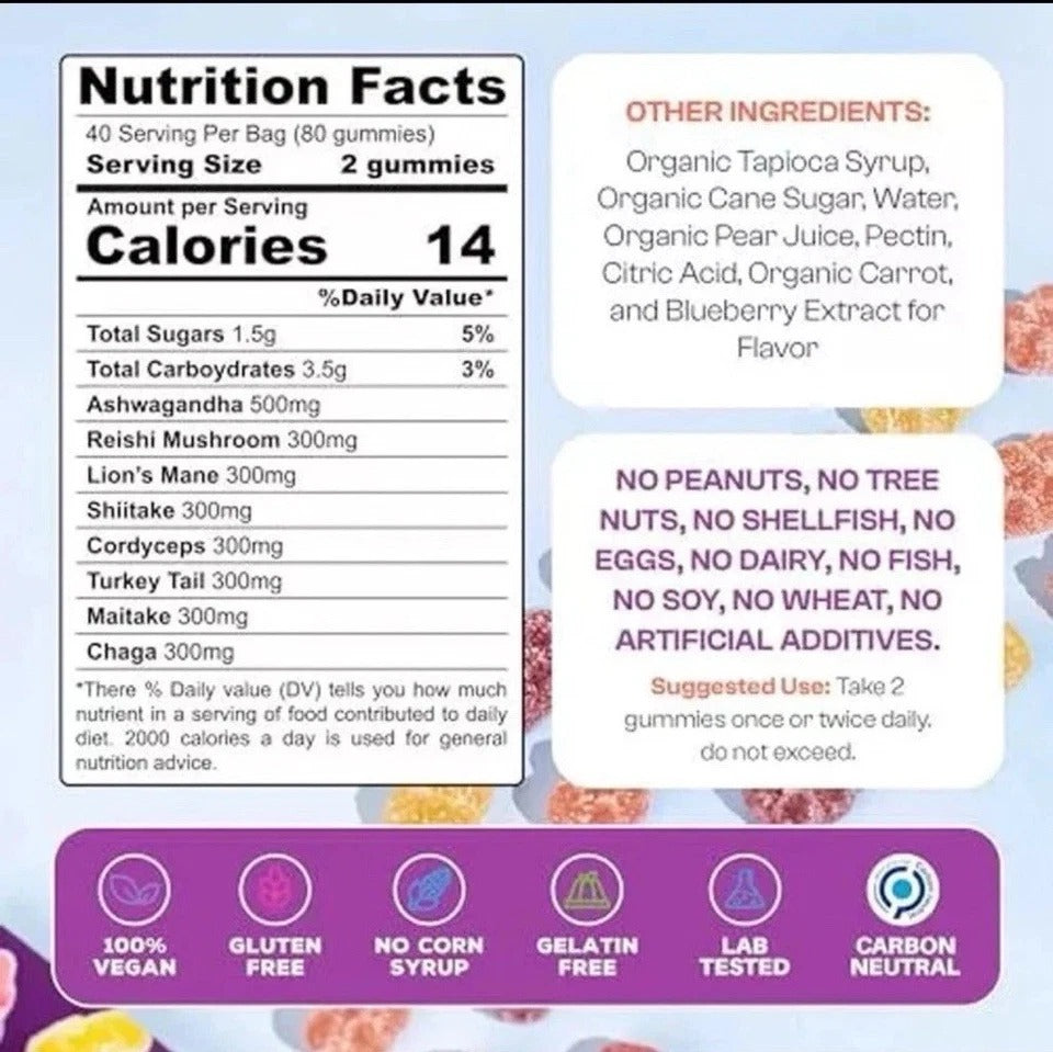 Mushroom Gummies w/ Ashwagandha 2500mg - Vegan, Gluten-Free, 80 Ct
