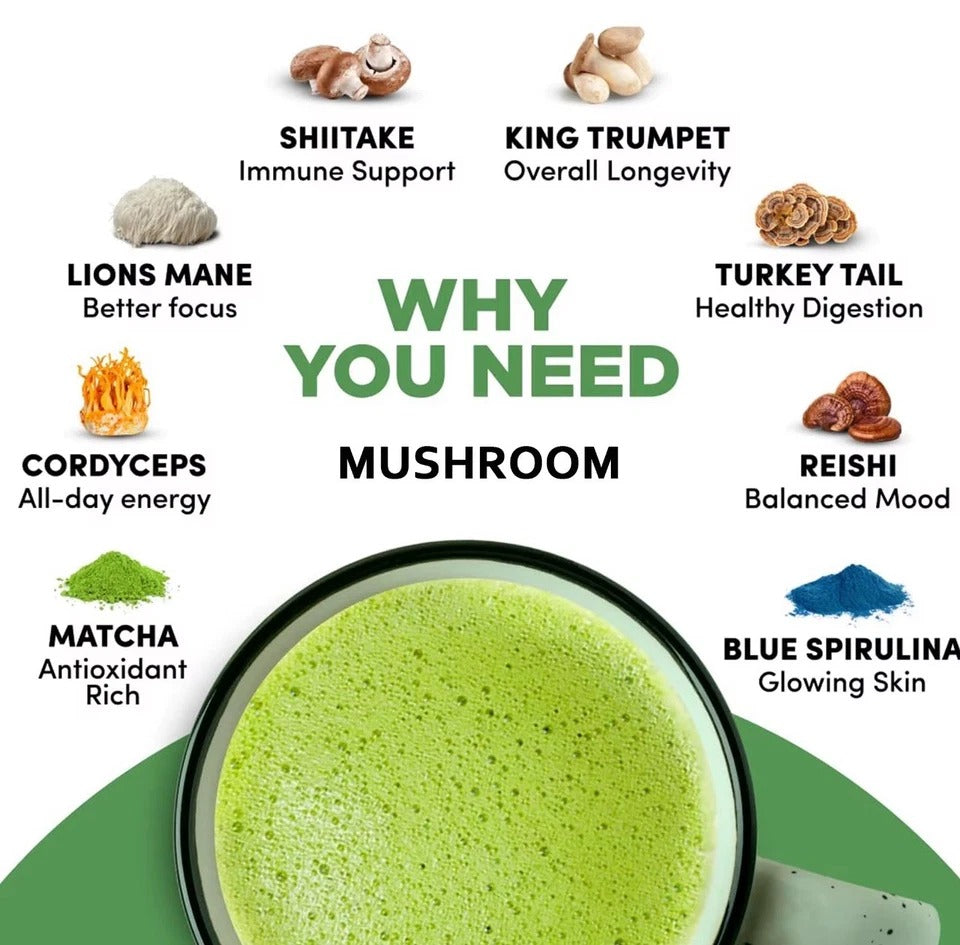 Organic Mushroom Matcha For Focus, Energy, Immunity 30 Servings, Vegan Adaptogen