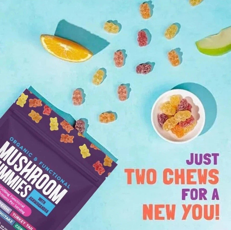 Mushroom Gummies w/ Ashwagandha 2500mg - Vegan, Gluten-Free, 80 Ct